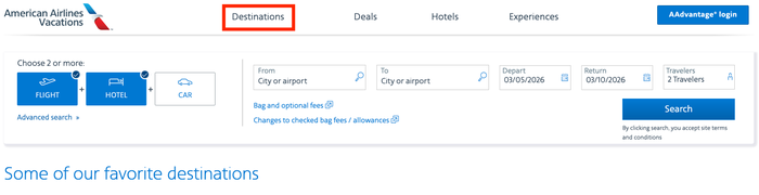AA Vacations Destinations AA vacations destinations tab