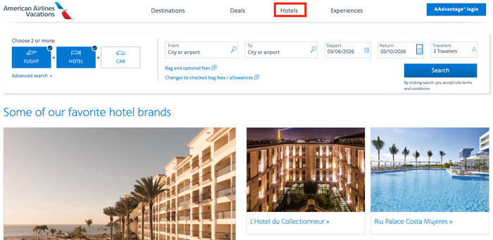 AA Vacations Hotels AA vacations hotel tab