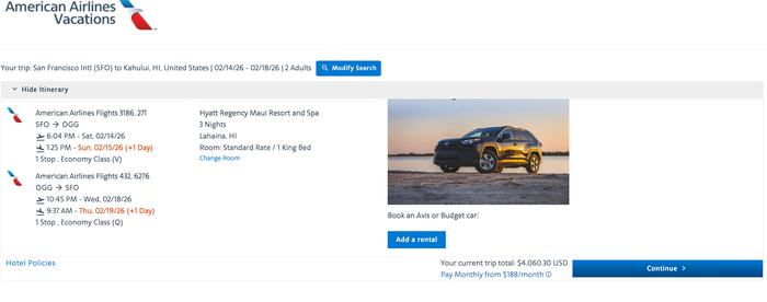 AA Vacations Activities AA vacations rental car page