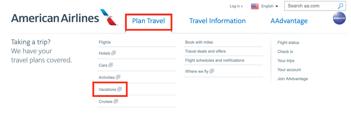 American Airlines home page American Airlines home page