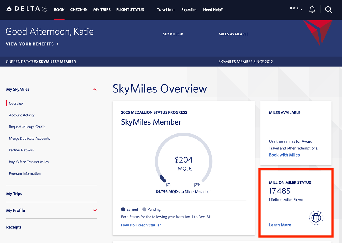 Delta SkyMiles Million Miler Status tracker