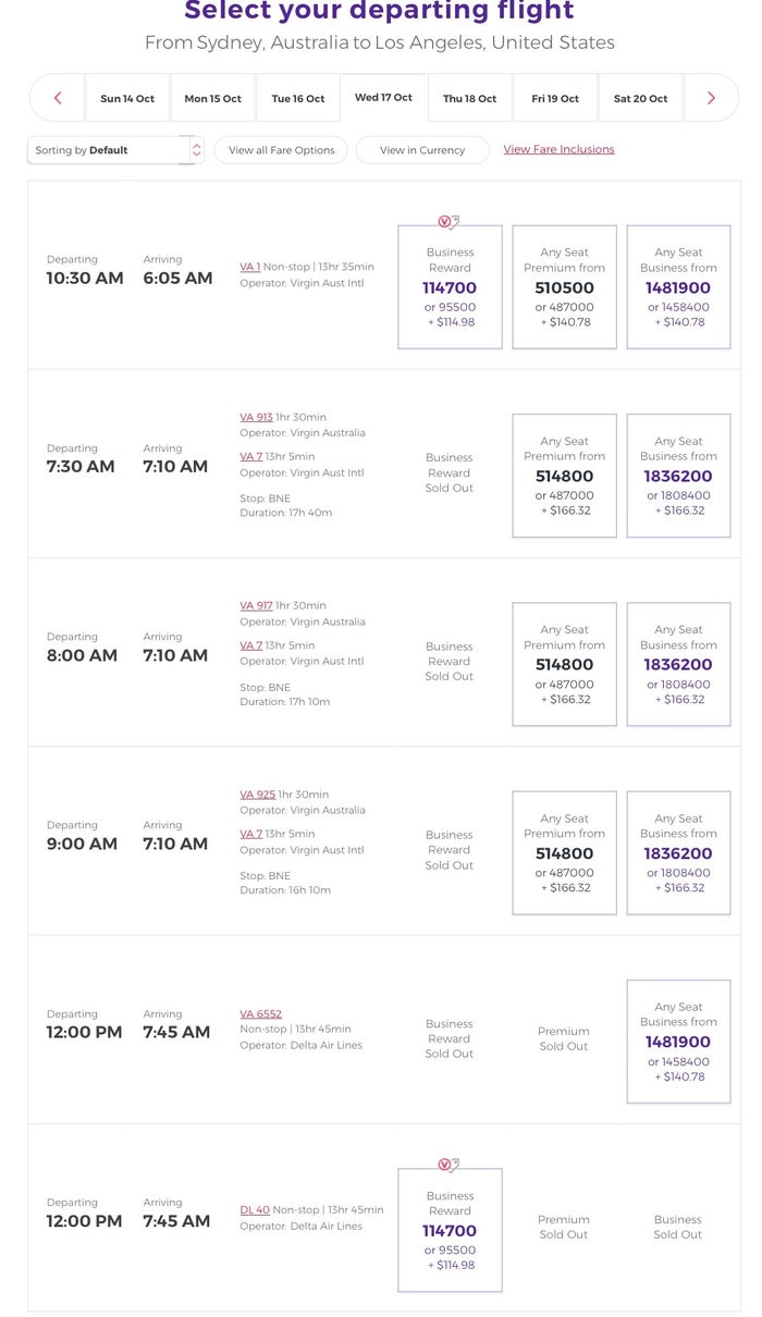 Virgin Australia Business Class Availability