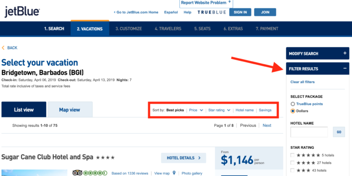 etBlue Vacations filtering and sorting