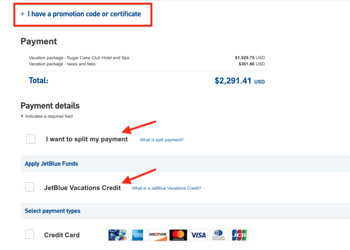 JetBlue Vacations payment methods