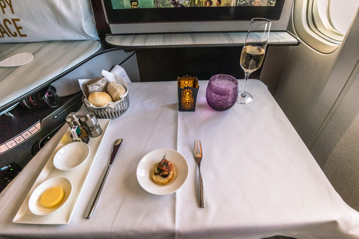 Qatar Airways Boeing 777 Qsuite Business Class Meal Service