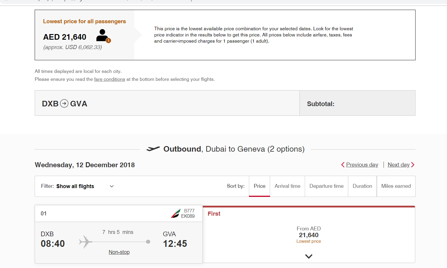 Fare out of DXB