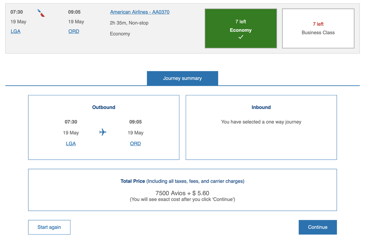 Booking New York to Chicago with British Airways Avios