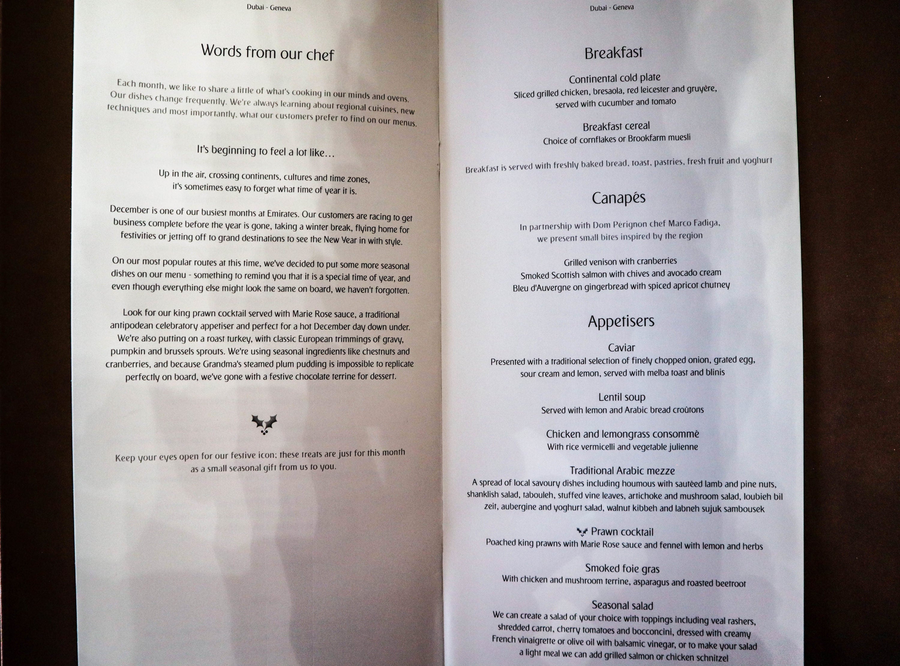 Emirates First Class Game Changer - Breakfast, Canapés, and Appetizers Menu