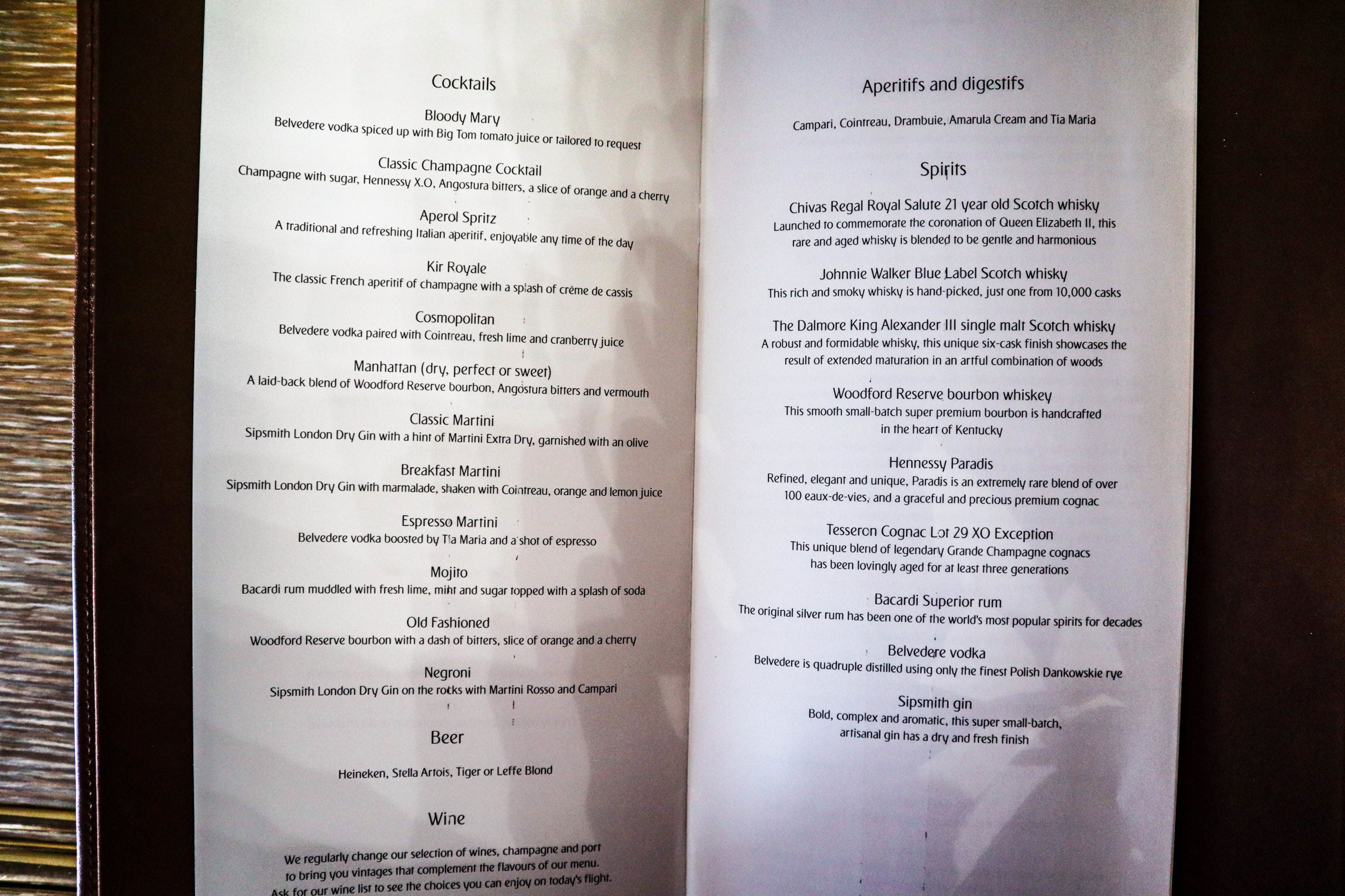 Emirates First Class Game Changer - Cocktail and Aperitif Menu