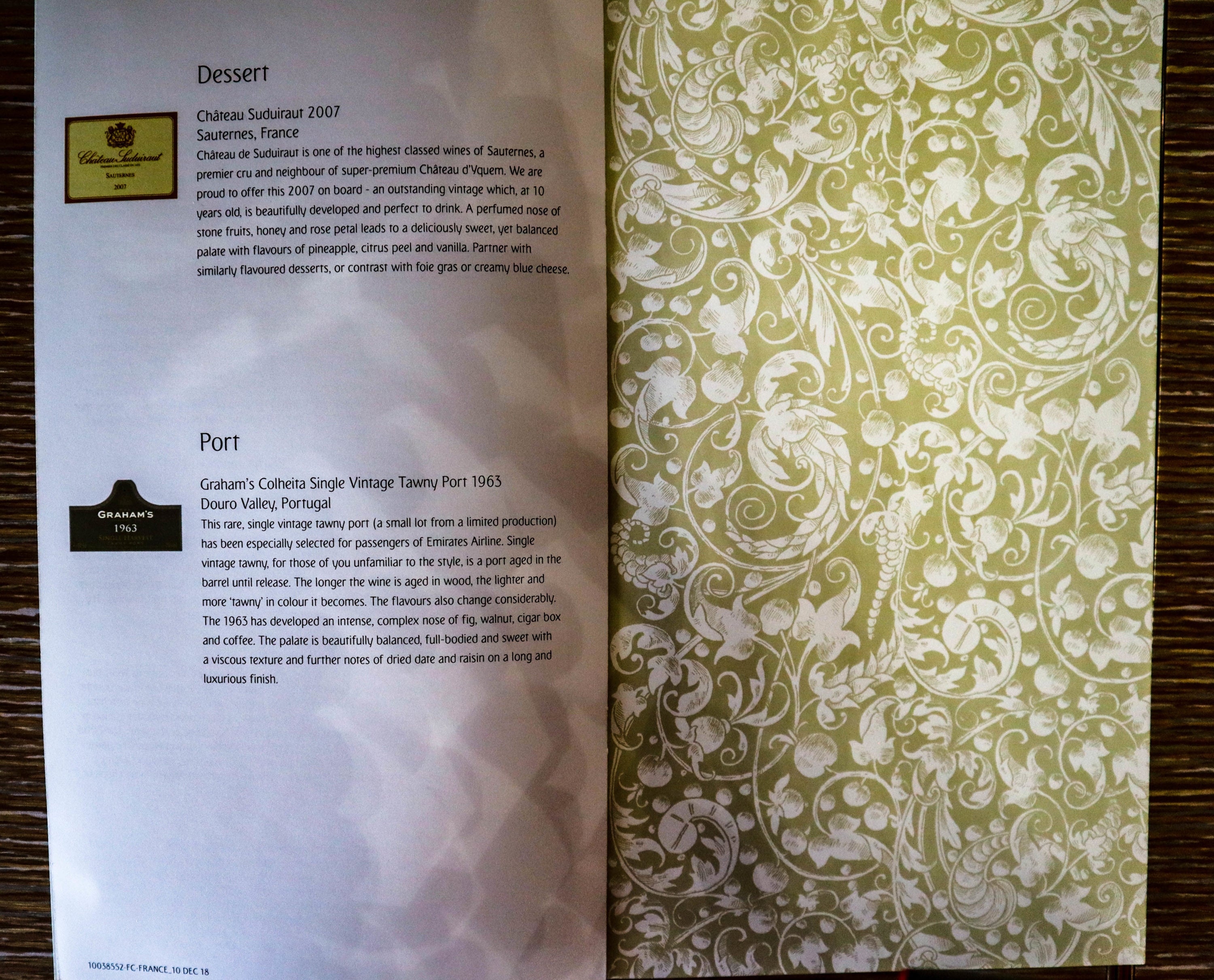 Emirates First Class Game Changer - Dessert Wine Menu