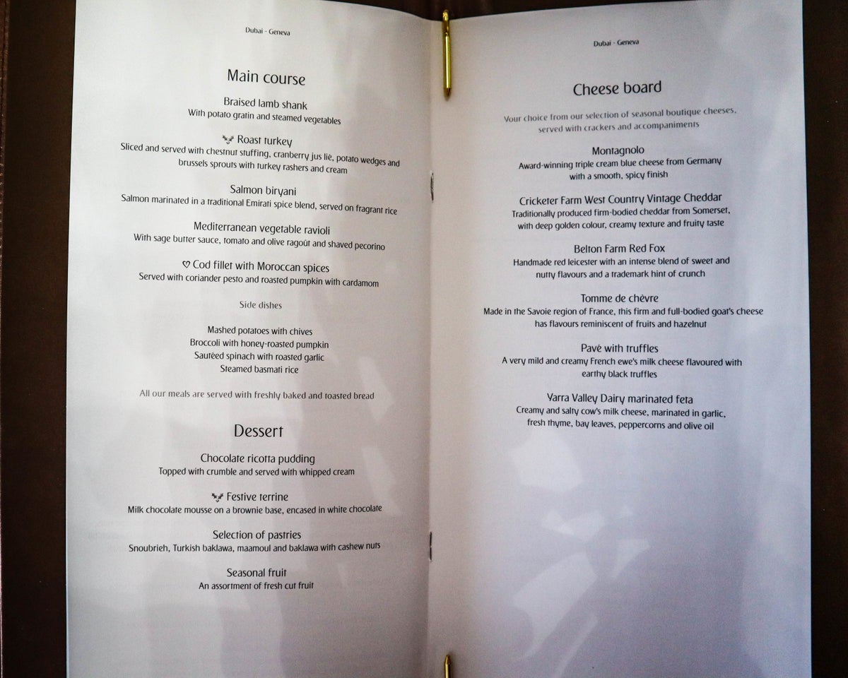 Emirates First Class Game Changer - Main course, Dessert and Cheese board Menu