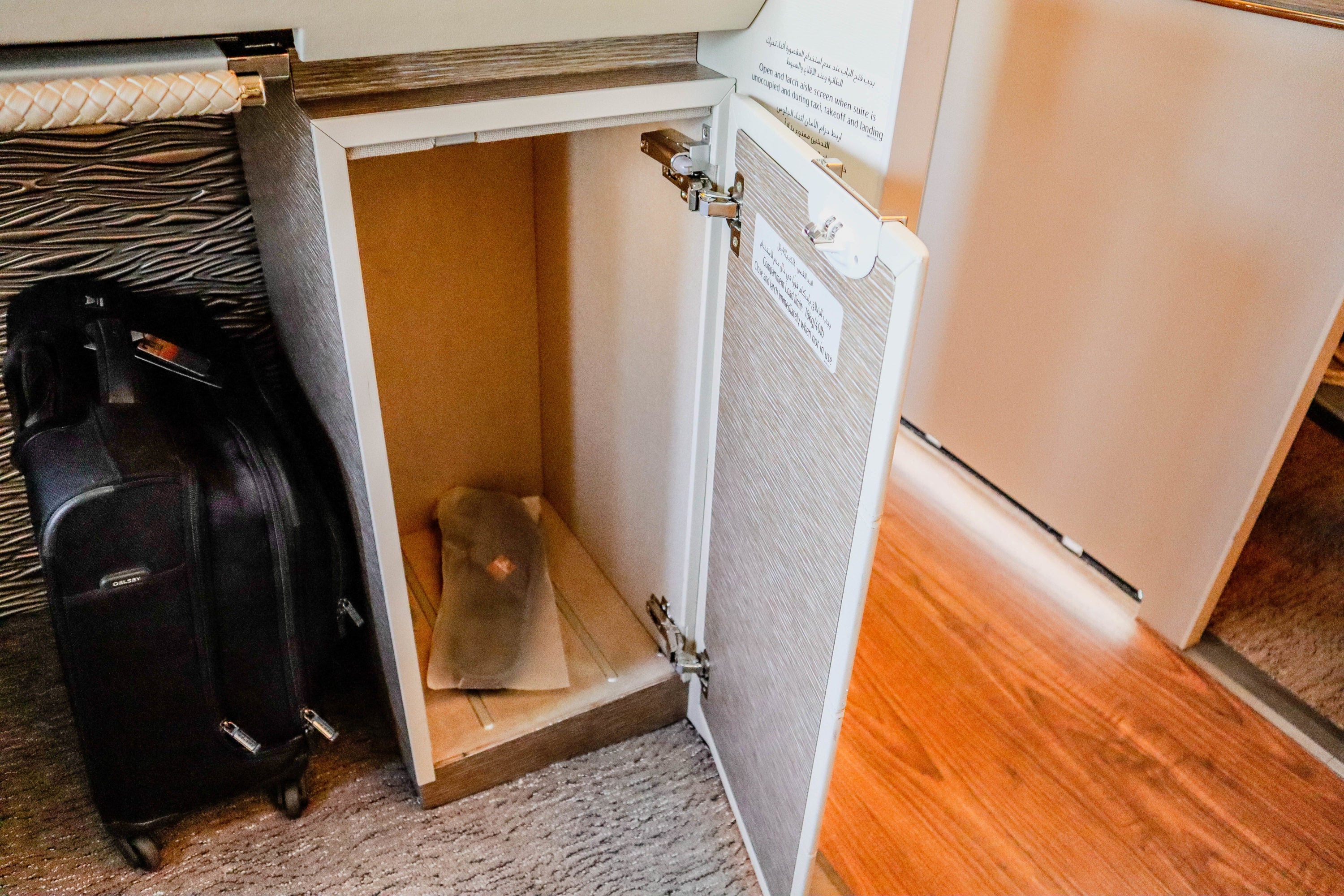 Storage cabinet below the table