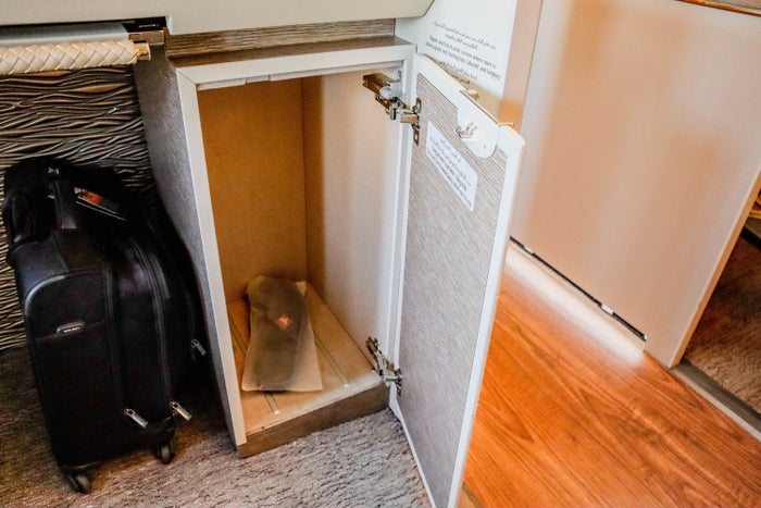 Storage cabinet below the table