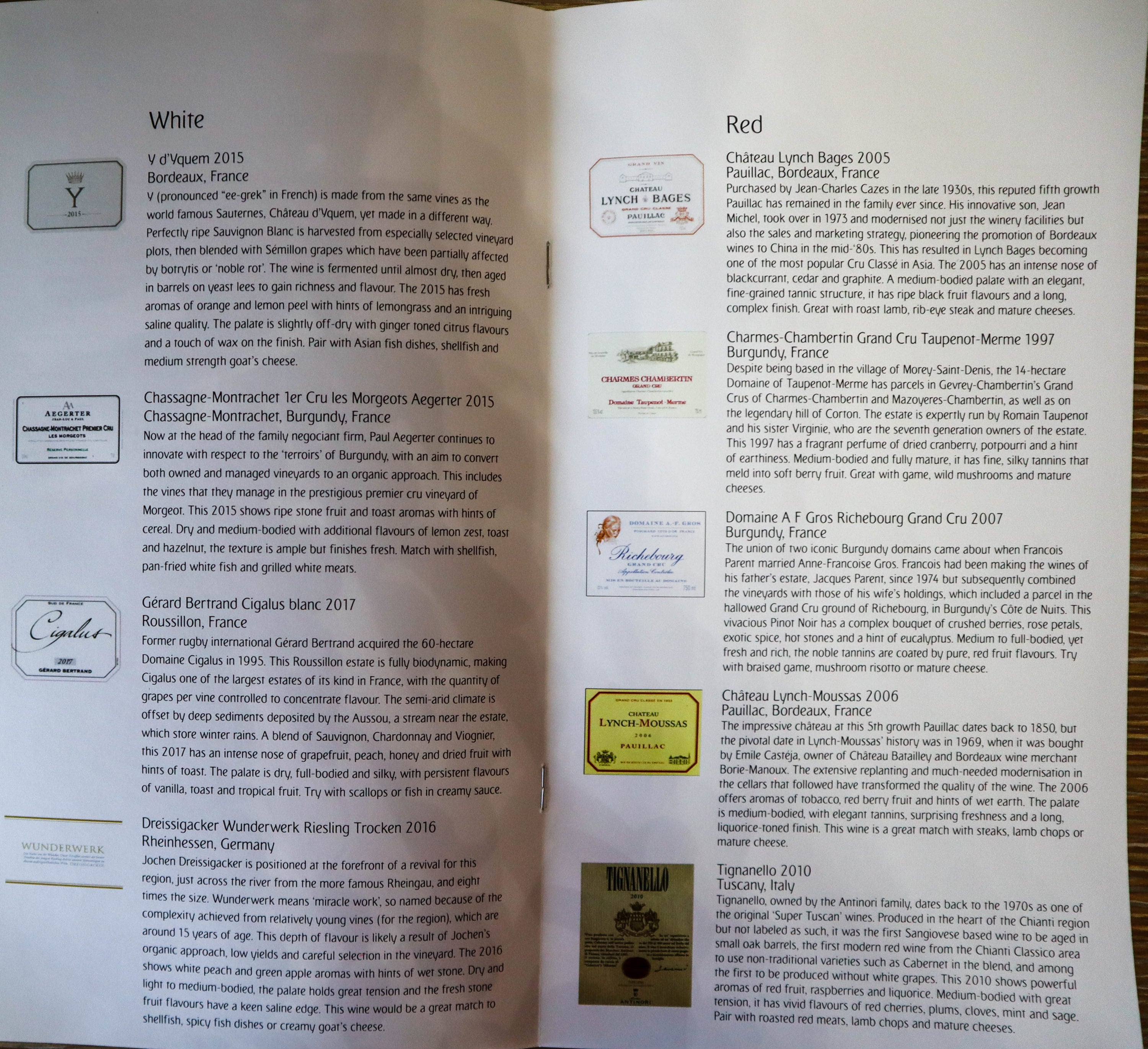 Emirates First Class Game Changer - Wine Menu