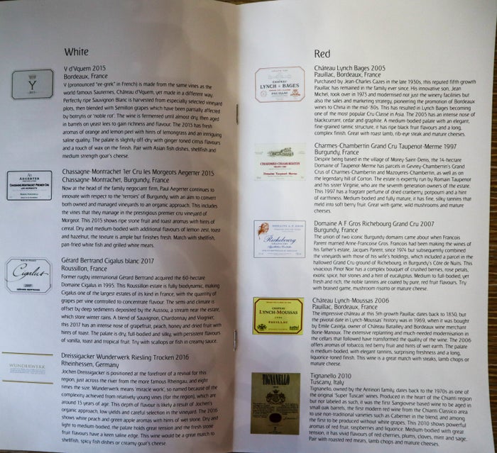 Emirates First Class Game Changer - Wine Menu