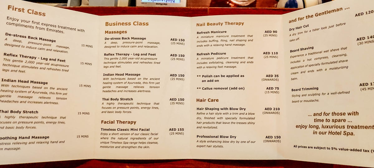 Emirates First Class Lounge - Spa Offerings