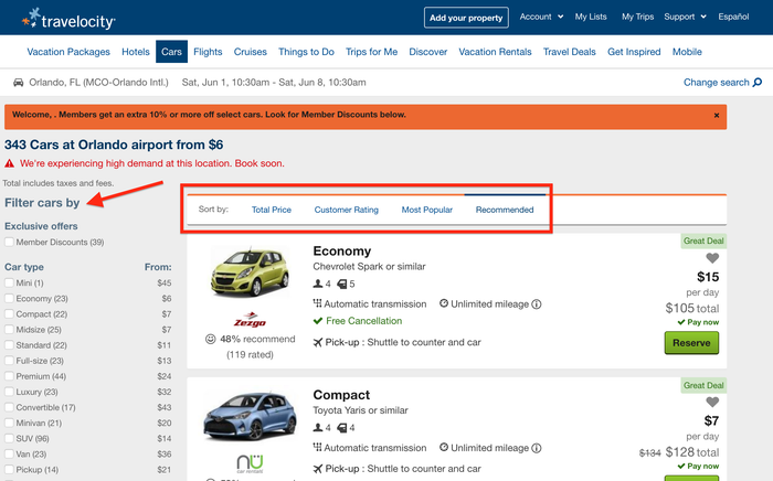 Travelocity Cars filter and sort