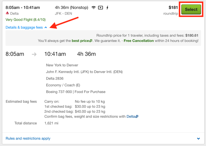Travelocity Flights - details and baggage fees
