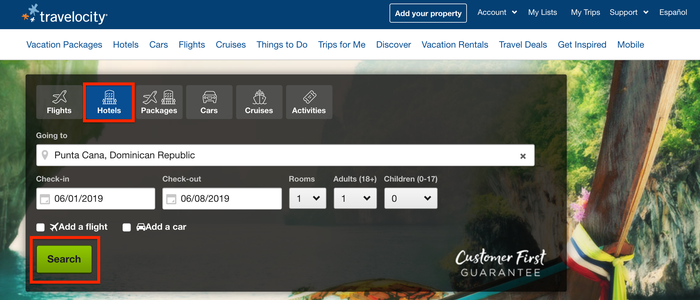 Travelocity Hotels Main Search Box