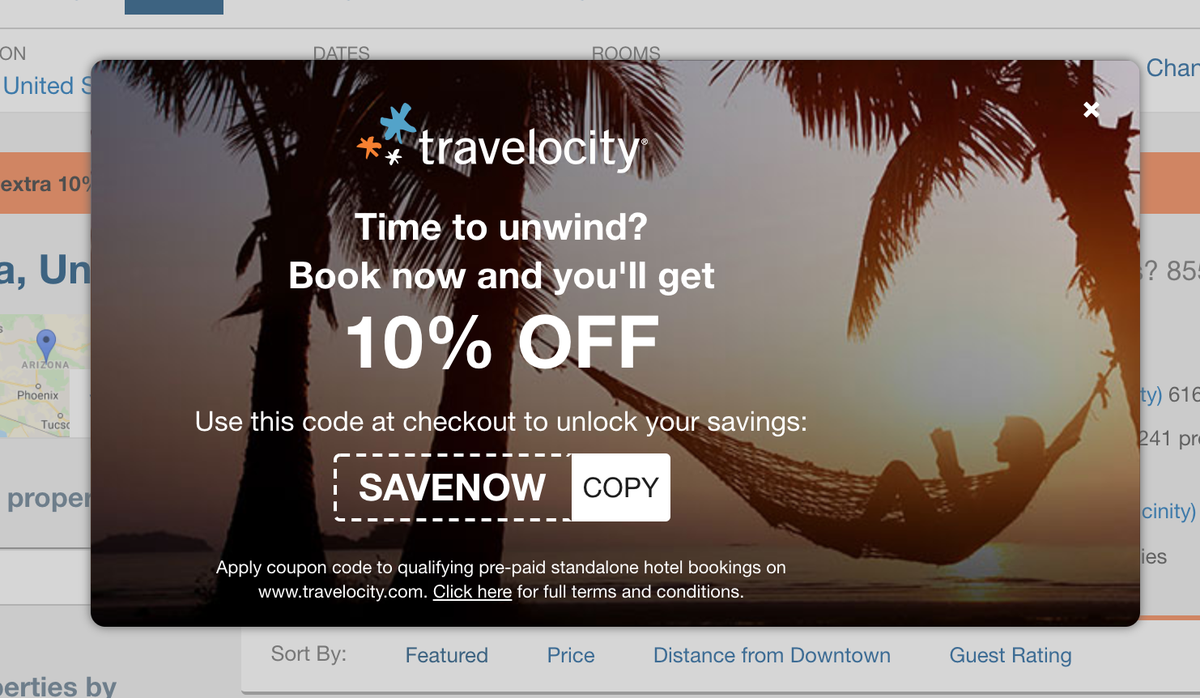 Travelocity coupon code pop up