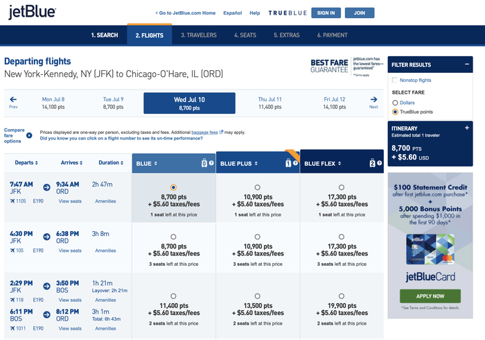 Using JetBlue TrueBlue for flights between New York and Chicago