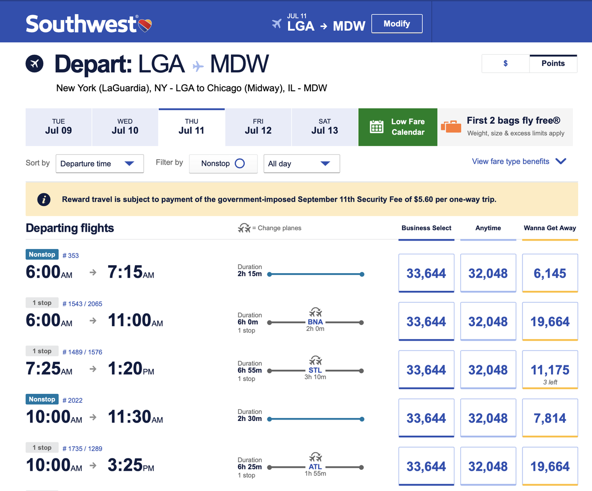 Using Southwest Miles to Fly Between New York and Chicago