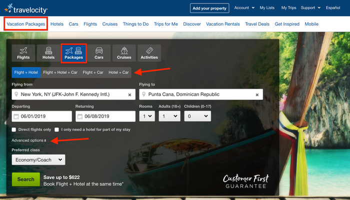 Travelocity Vacation Packages main page