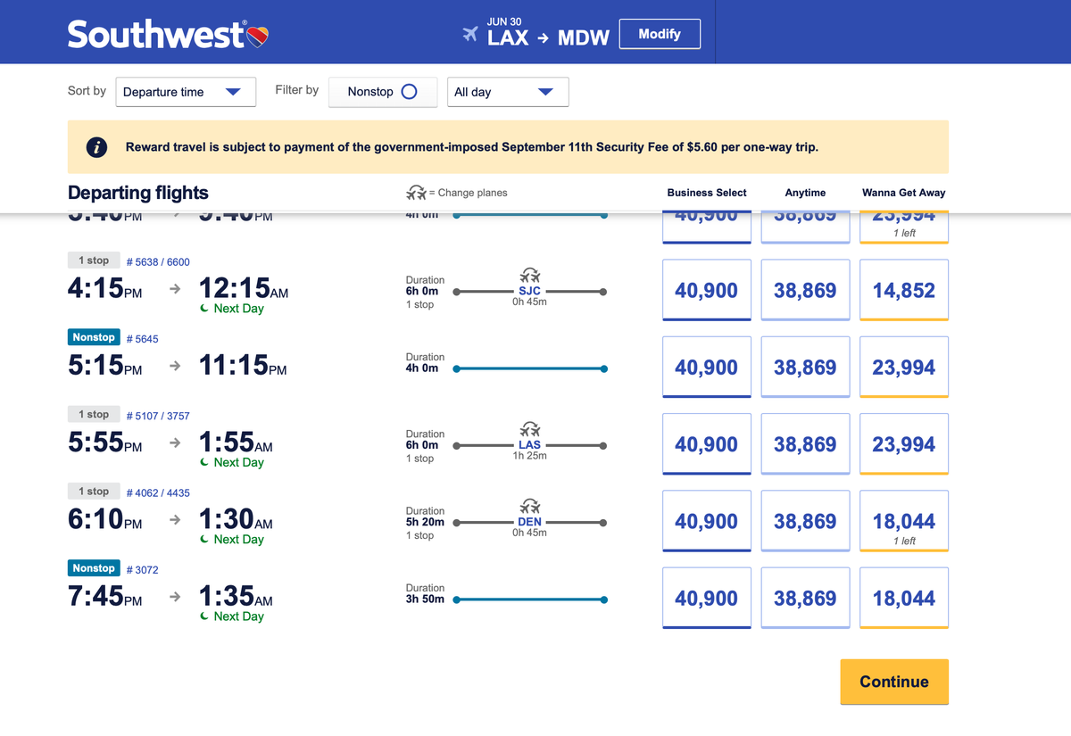 Booking Southwest between Los Angeles and Chicago