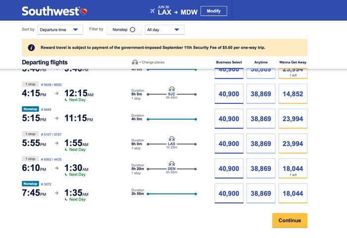 Booking Southwest between Los Angeles and Chicago