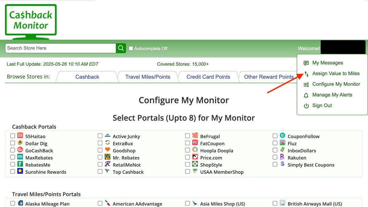 CashBack Monitor assign value to points and miles