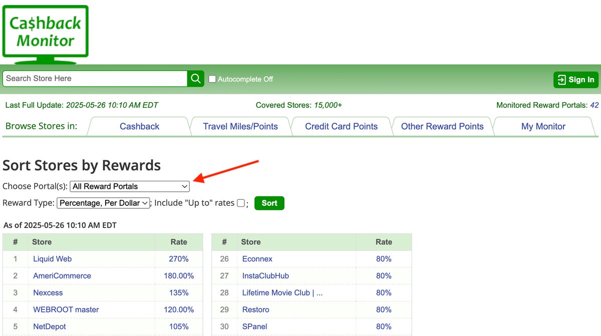 CashBack Monitor sort stores by rewards