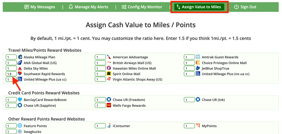 CashBackMonitor Assign Value To Miles