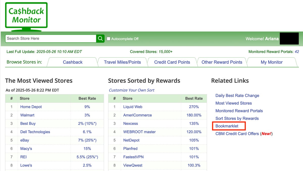 Cashback Monitor Bookmarklet feature