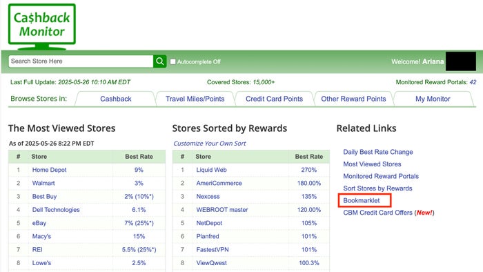 CashBack Monitor Bookmarklet Cashback Monitor Bookmarklet feature