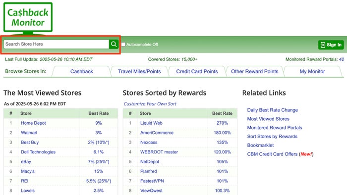 CashBackMonitor home page Cashback monitor homepage