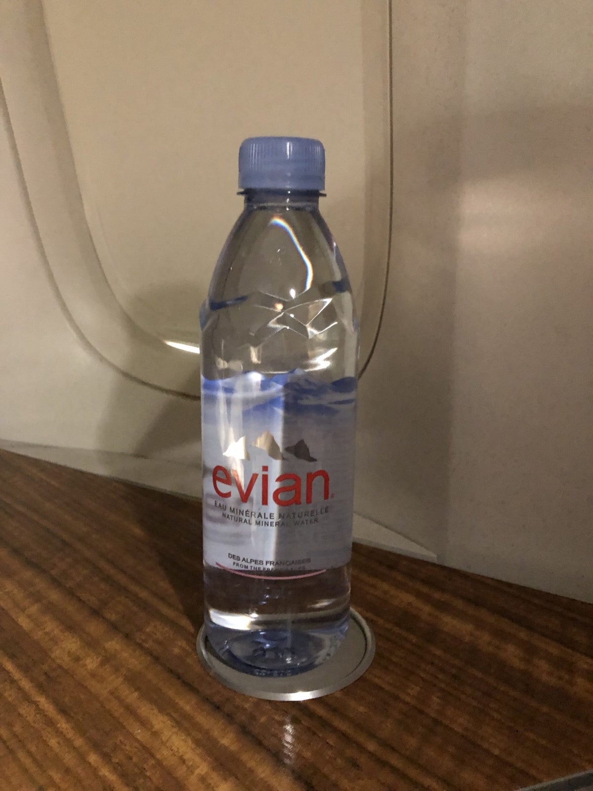Cathay Pacific 777 first class Evian water bottle