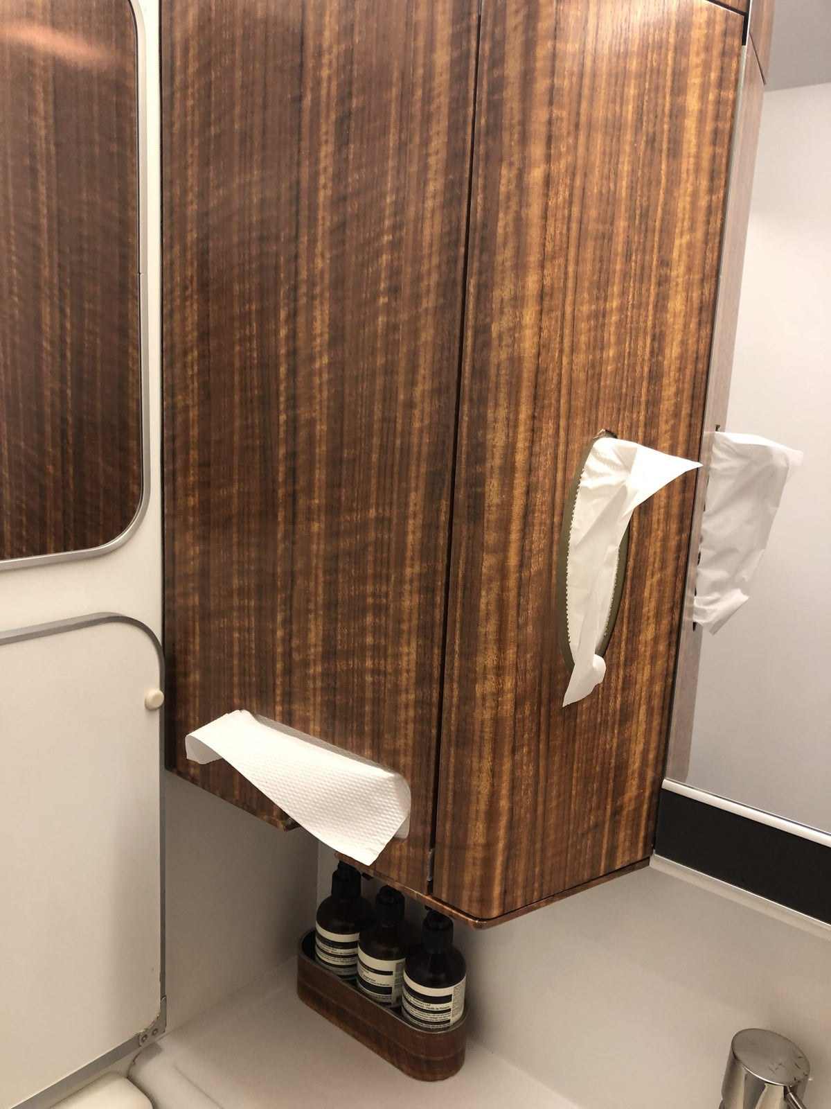 Cathay Pacific 777 first class lavatory wooden finishes