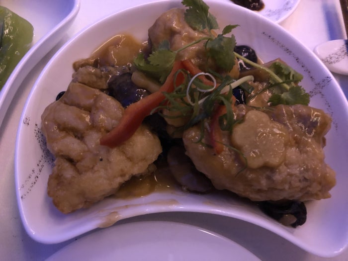 Cathay Pacific 777 first class main course close-up