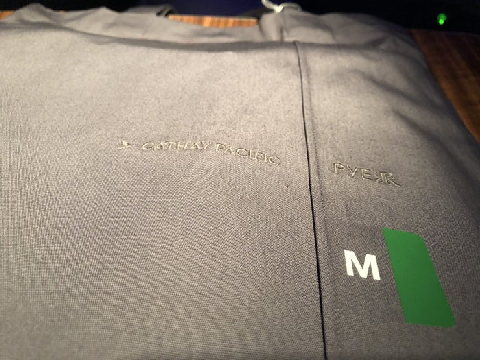 Cathay Pacific 777 first class pajama bag close-up