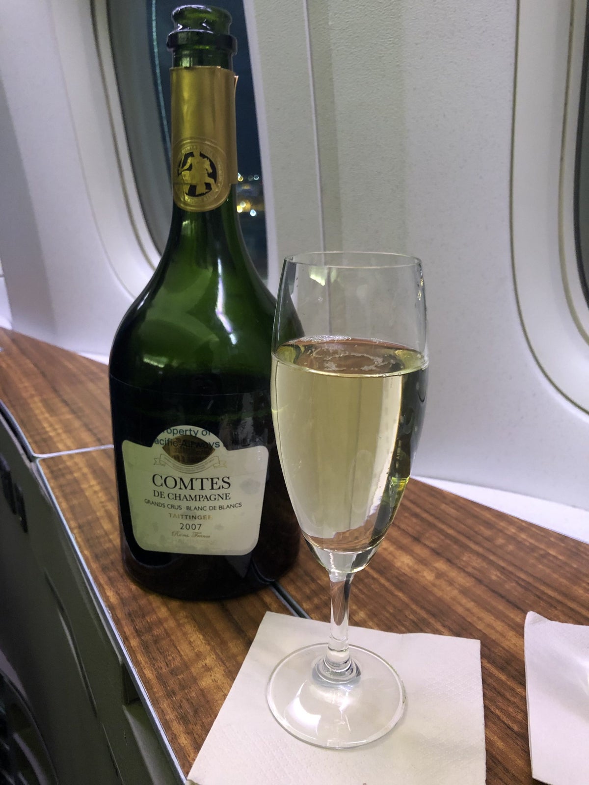 Cathay Pacific 777 first class pre-departure champagne