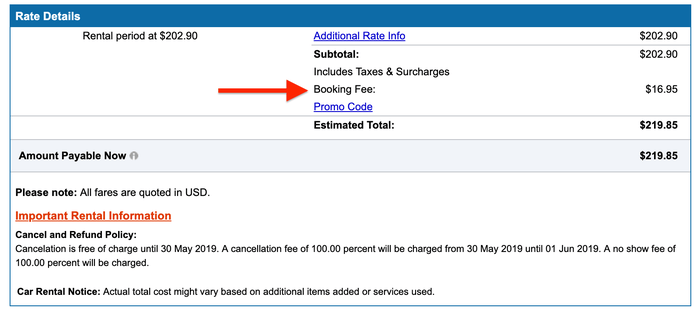 Cheapoair car rental booking fee