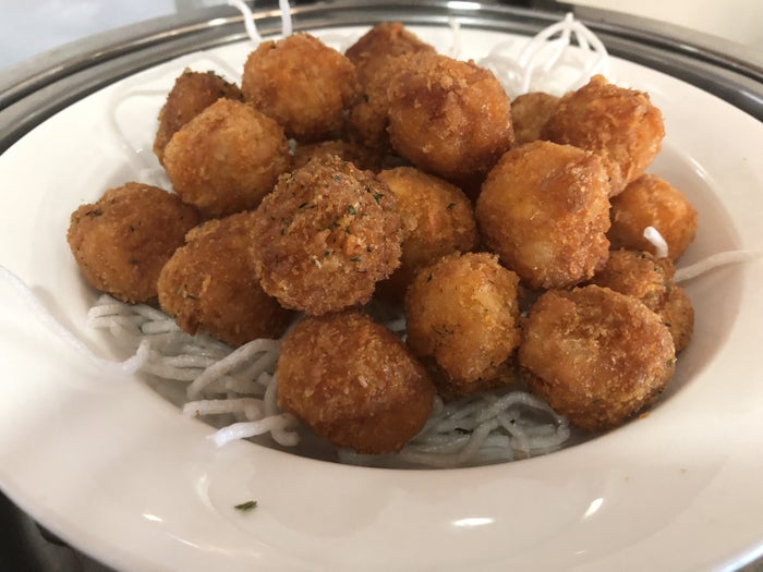 Korean Air business class lounge fried shrimp balls close-up