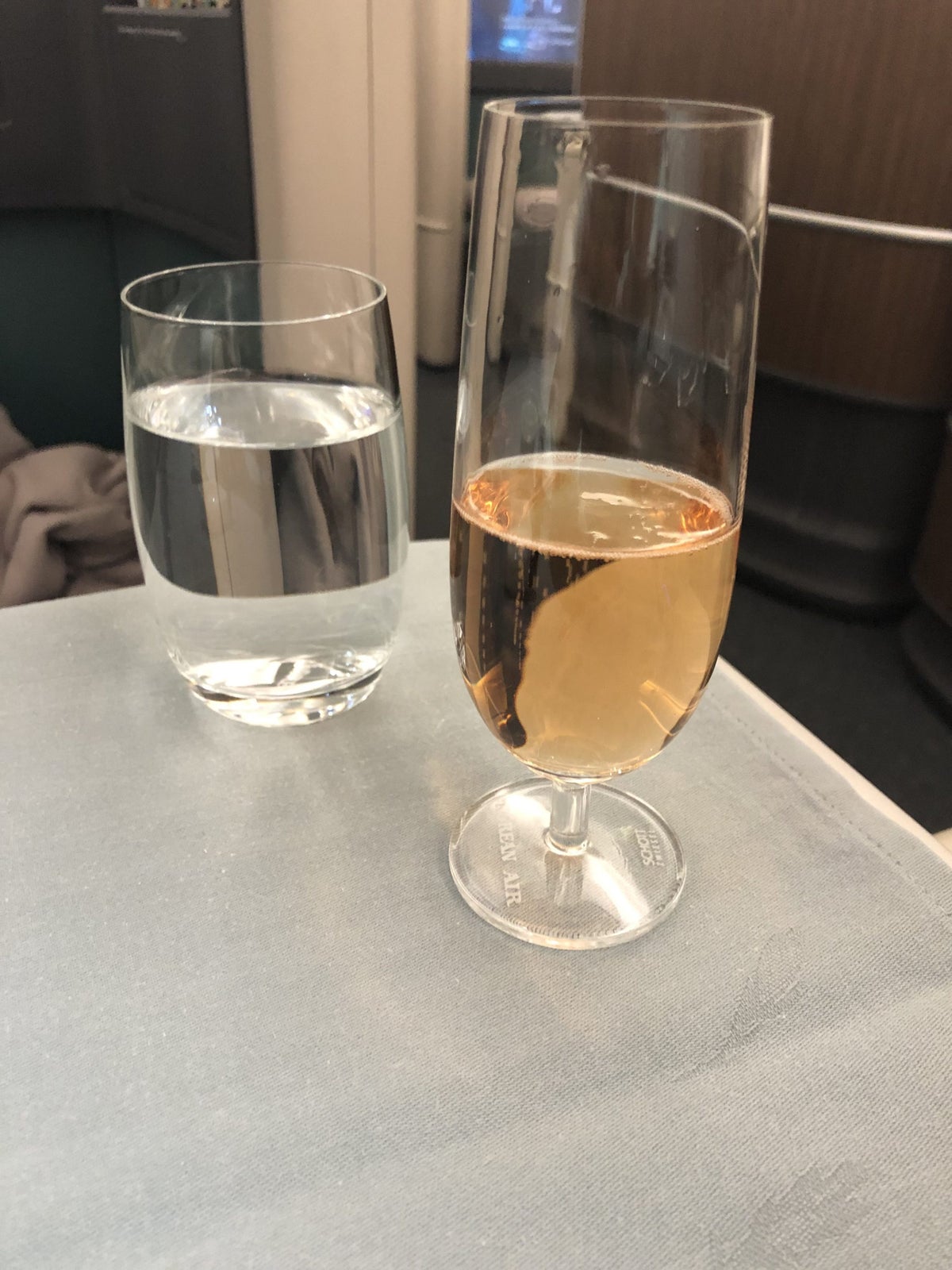 Korean Air first class champagne and water