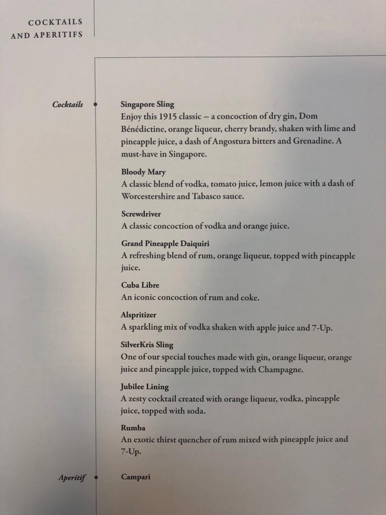 Singapore Airlines Cocktails and Aperitif List