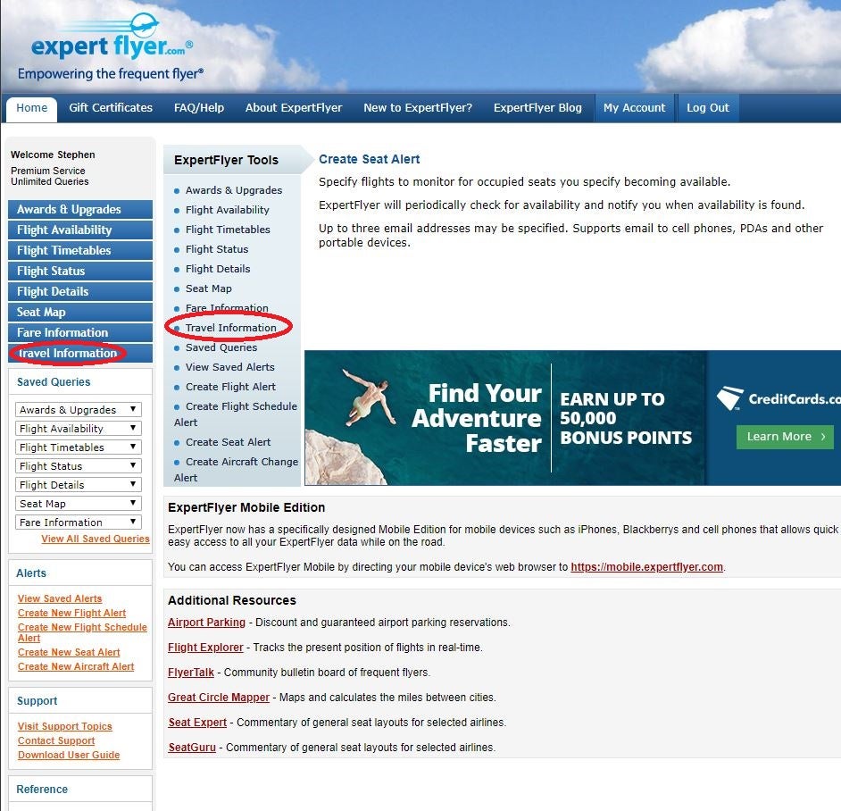 expert flyer travel information