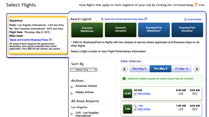 Using American Airlines miles to fly between LAX and SFO