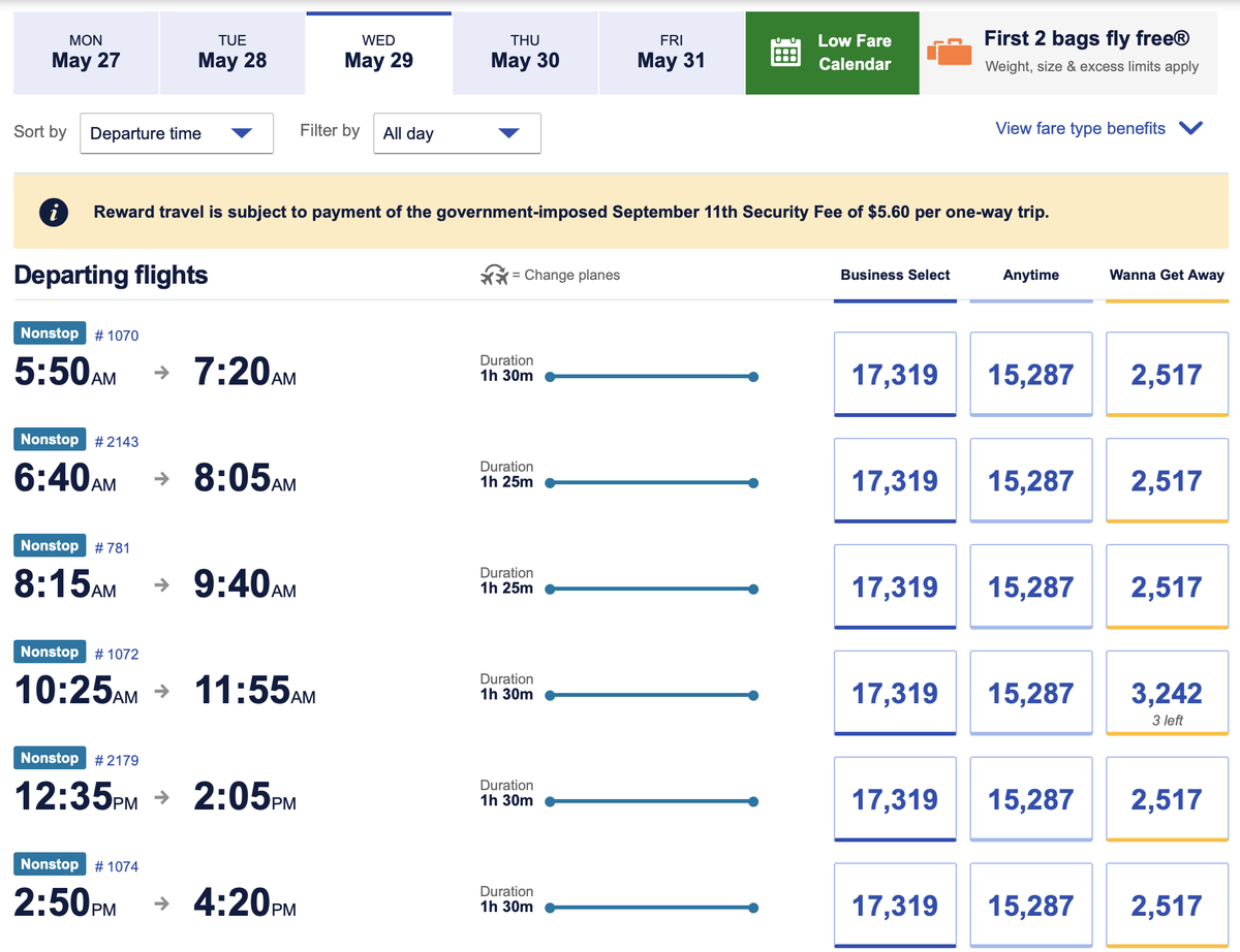 Using Southwest Rapid Rewards points between LAX and SFO