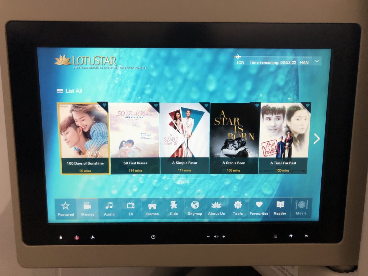 Vietnam Airlines 787-9 business class in-flight entertainment choices 1