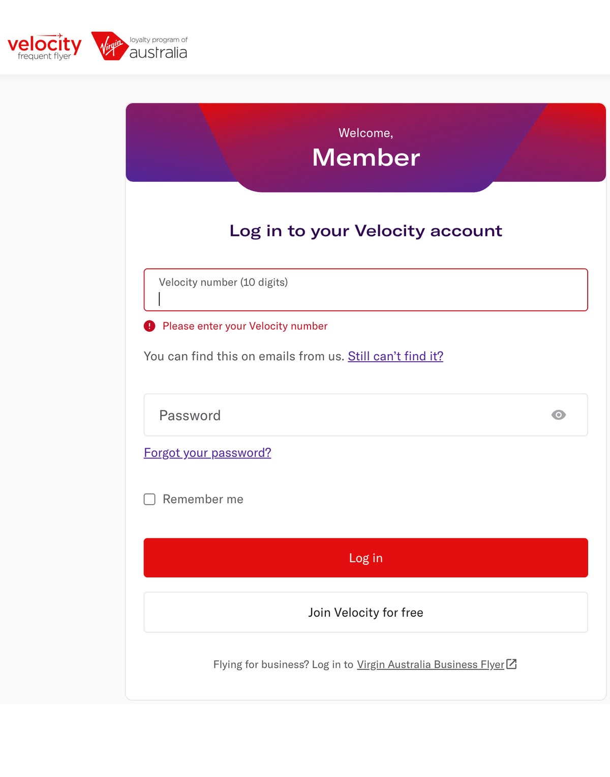 Virgin Velocity eStore login
