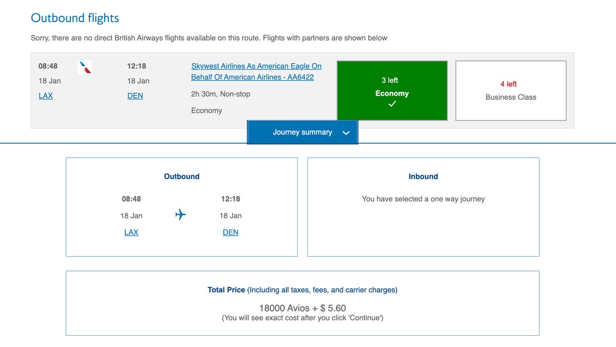 ba avios lax den economy award